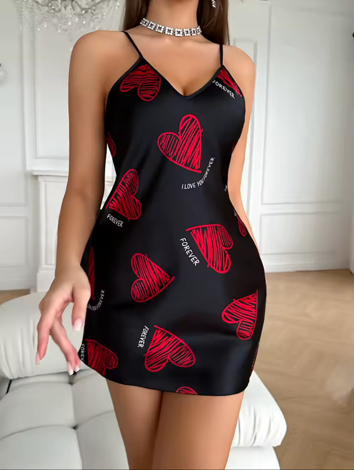 Valentine's Day Red Lip Print Satin Slip Nightdress V Neck Backless Mini Sleep Dress Women's Sleepwear