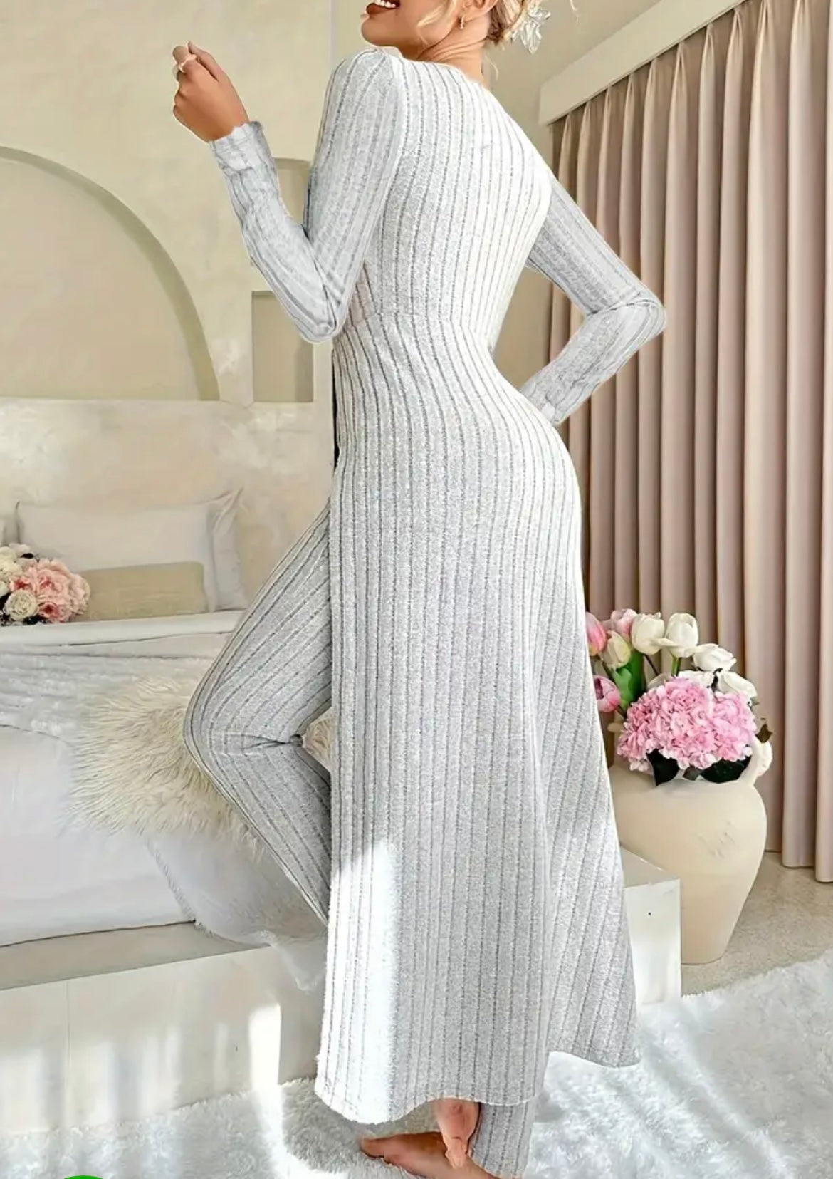 [Plaid Two-Piece] Two-Piece Set Round Neck Split Long Sleeve Top and Pants | Design Sensation with Plaid Spring/Autumn Style