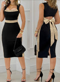 Square Neck Sleeveless Hollow-out Bowknot Mid-Calf Slit Dress