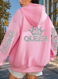 Women's Queen Lettering & Crown Graphic Fleece Hooded Sweater - Sparkling Rhinestone Lettering, Fleece-Lined Kangaroo Pocket, Drawstring Hood, Casual Winter Warmth, Black with White Lettering, Queen-Themed Outfits for Parties & Casual Attire