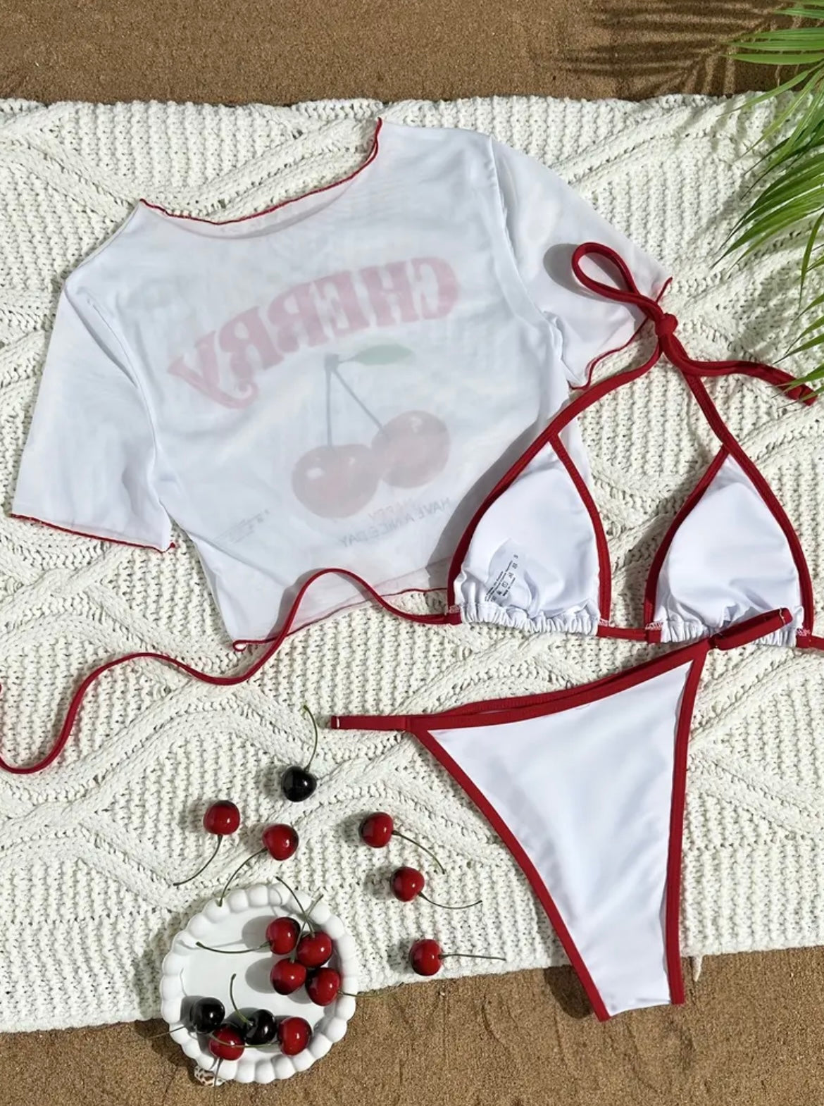 Women's Fashionable Sexy Letter Print Three-Piece Swimsuit Set with Halter Neck Top and High-Cut Triangle Bottoms Cherry Print - Beimun Warm Orientation Plan