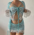 Crochet Knitted Dress 2 Piece Skirt Sets with Beaded Detailing and Flared Sleeves for Stylish Outfits