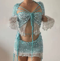 Crochet Knitted Dress 2 Piece Skirt Sets with Beaded Detailing and Flared Sleeves for Stylish Outfits