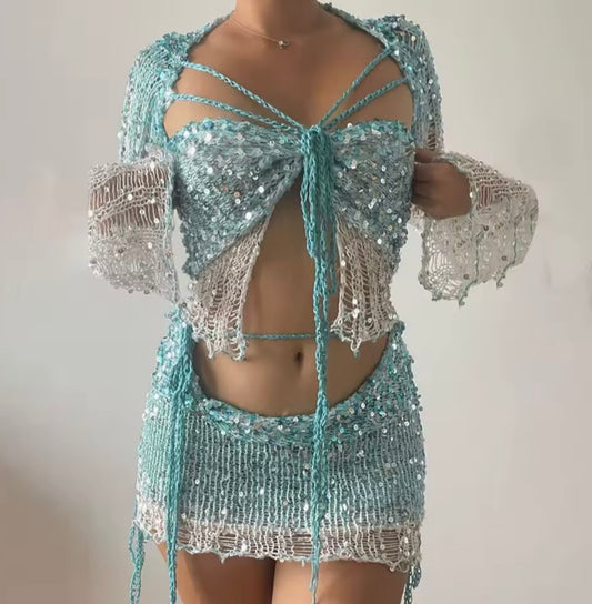 Crochet Knitted Dress 2 Piece Skirt Sets with Beaded Detailing and Flared Sleeves for Stylish Outfits