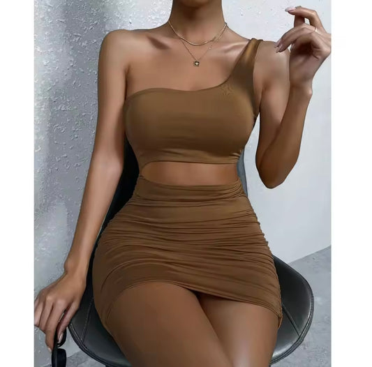 Sexy One Shoulde Backless Bodycon Mini Dress Women's Waist Hollow Out Tight Pleated Wrapping Dress
