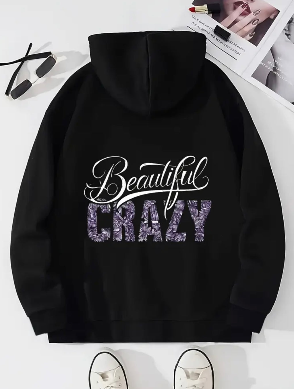 Women's Black Hoodie - Stylish Beauty Statement Pullover Sweatshirt, Adjustable Drawstring Design, Easy to Machine Wash, Suitable for Daily Casual Wear & Special Occasions, Street Style Trend, Exquisitely Stitched, Hooded Top