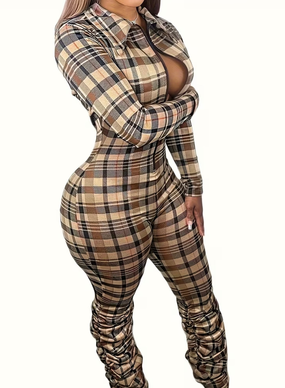 Plaid Pattern Zip Front Jumpsuit, Casual Long Sleeve Jumpsuit For Spring , Women's Casual
