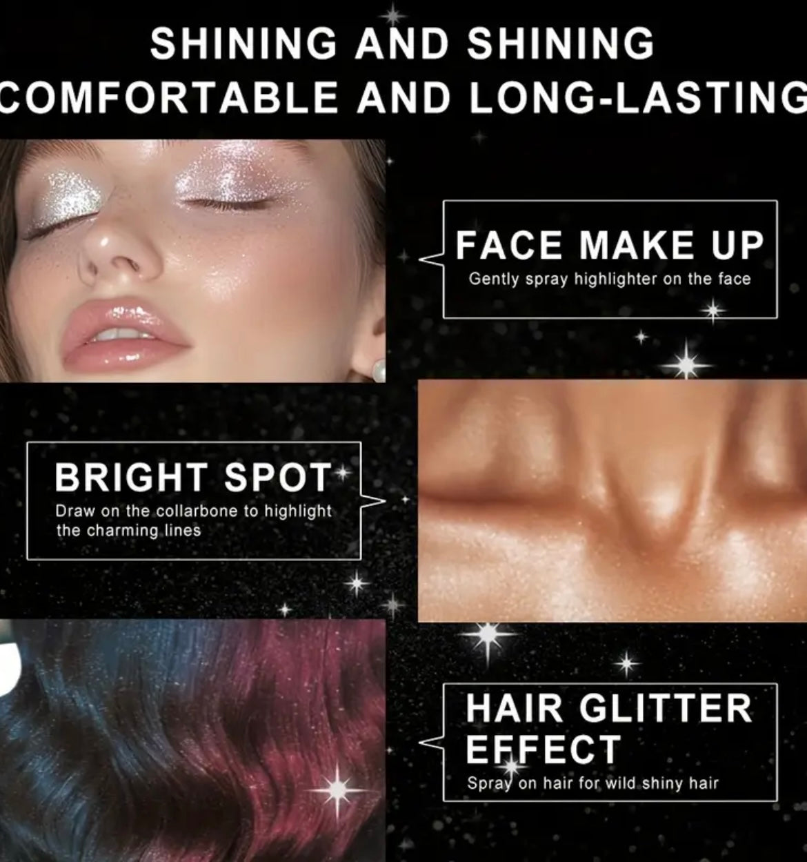 YTRUNS Glitter Spray Kit 2-Pack, Quick-Dry High Gloss Shimmer, Plant-Based Formula with Metallic Finish, for Lips Eyes & Face, Perfect for Music Festivals & Body Glittering, Starshaped Applicator