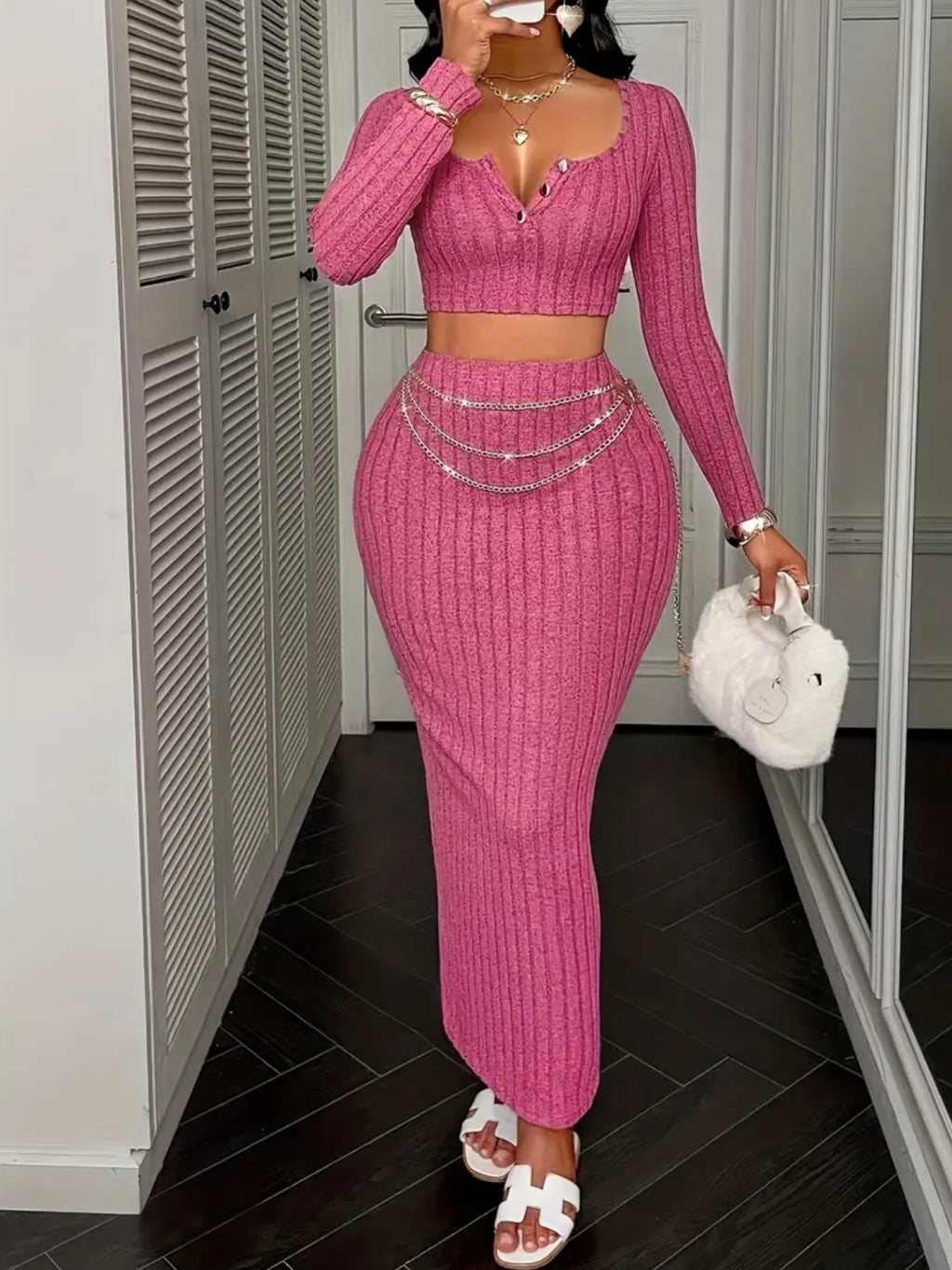 Women's Fashion Bodycon Crop Top and Midi Skirt Set - Polyester Knit, Crew Neck, Medium Stretch, Pink Fit Button Detail for Spring/Fall