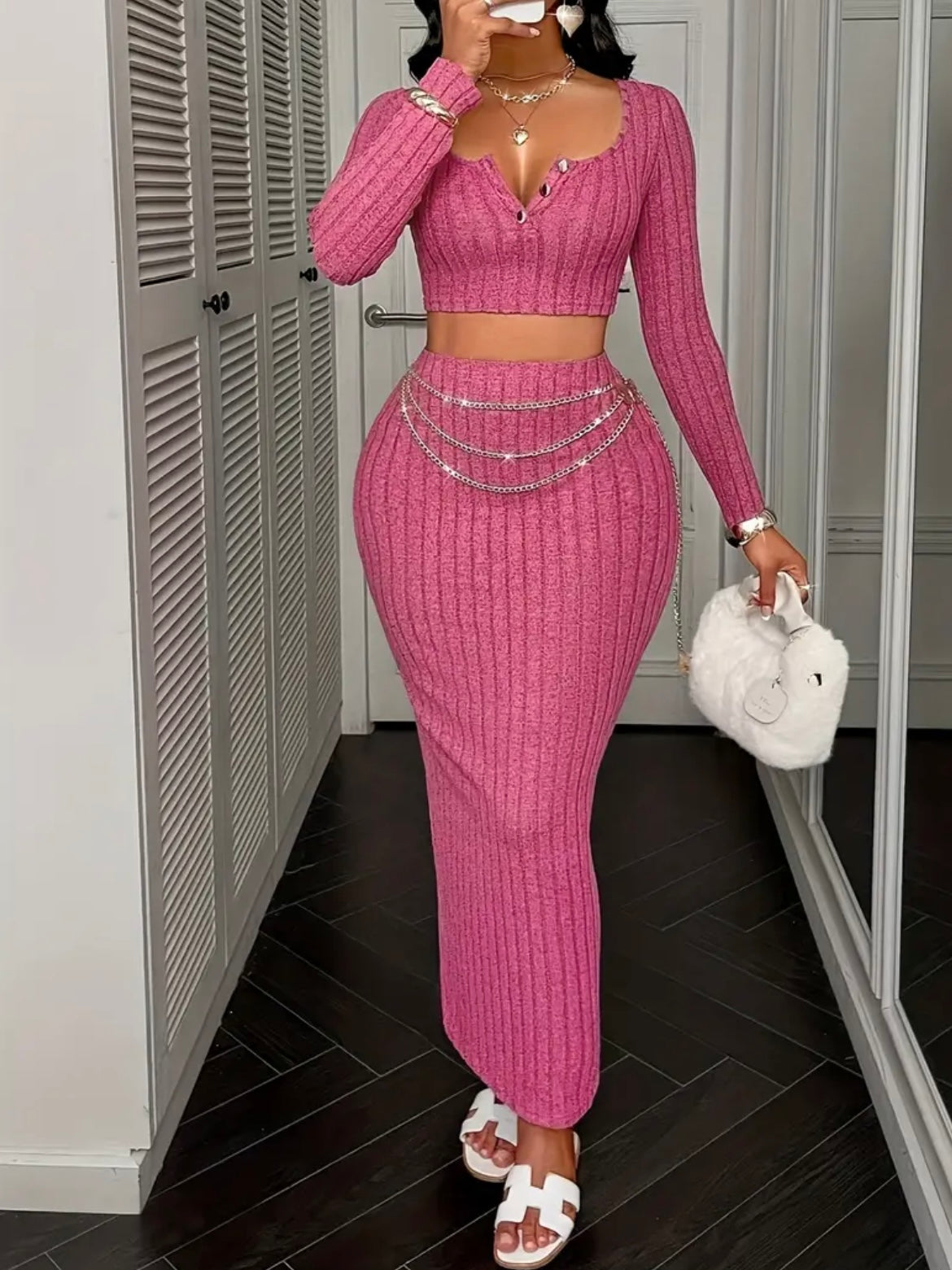 Women's Fashion Bodycon Crop Top and Midi Skirt Set - Polyester Knit, Crew Neck, Medium Stretch, Pink Fit Button Detail for Spring/Fall