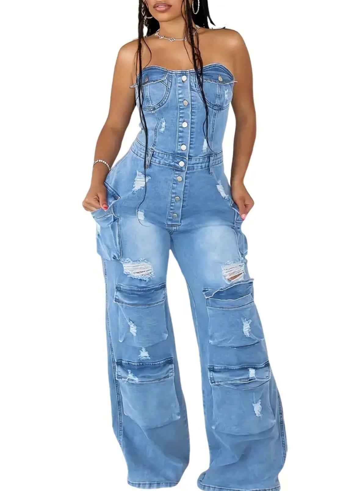 Casual fashion tube top Women's slim-fit denim jumpsuit overalls