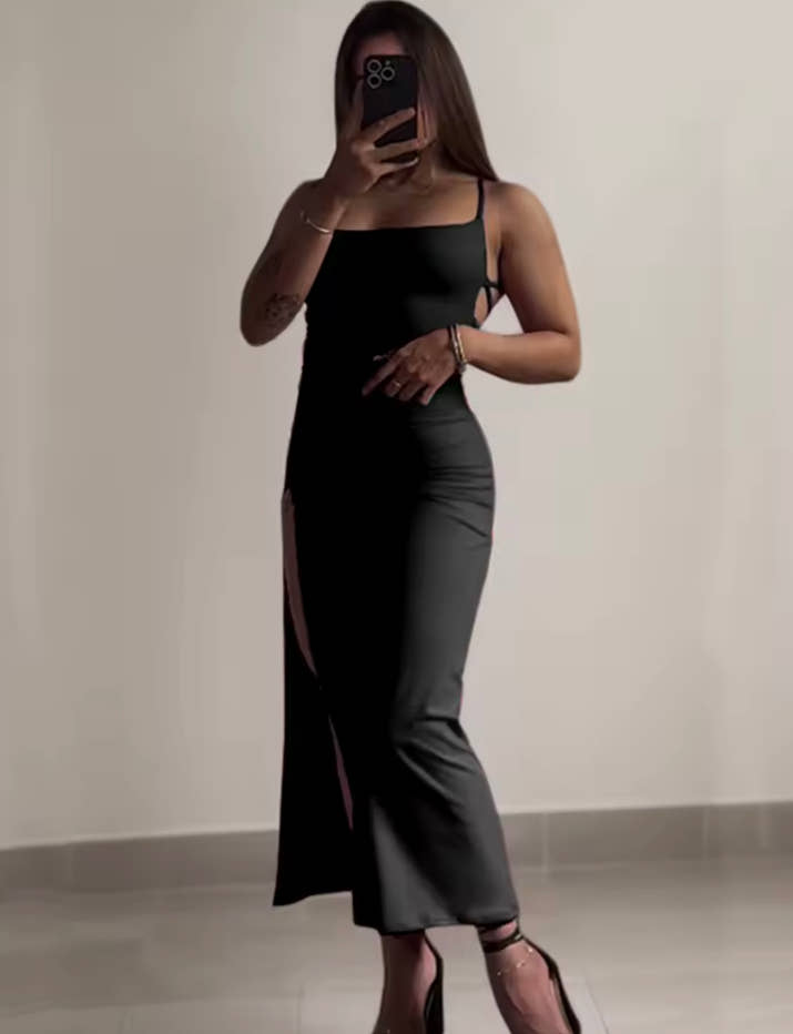 Summer Black New Dress Women Fashion Sexy Split Sleeveless Backless Slim Maxi Dress