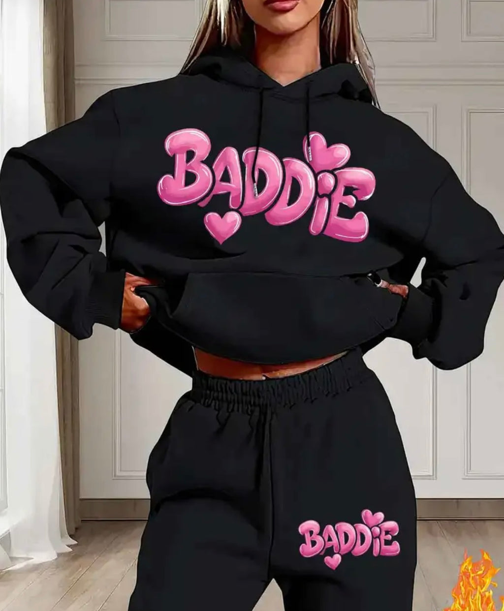 Black Hoodie and Sweatpants Set with Pink "Baddie" Graphic Print - Cozy Fleece-Lined Hoodie with Drawstring, Casual Two-Piece Outfit for Fall and Winter, Casual Wear|Playful Print Hoodie|Fleece Lined Hoodie
