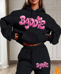 Black Hoodie and Sweatpants Set with Pink "Baddie" Graphic Print - Cozy Fleece-Lined Hoodie with Drawstring, Casual Two-Piece Outfit for Fall and Winter, Casual Wear|Playful Print Hoodie|Fleece Lined Hoodie