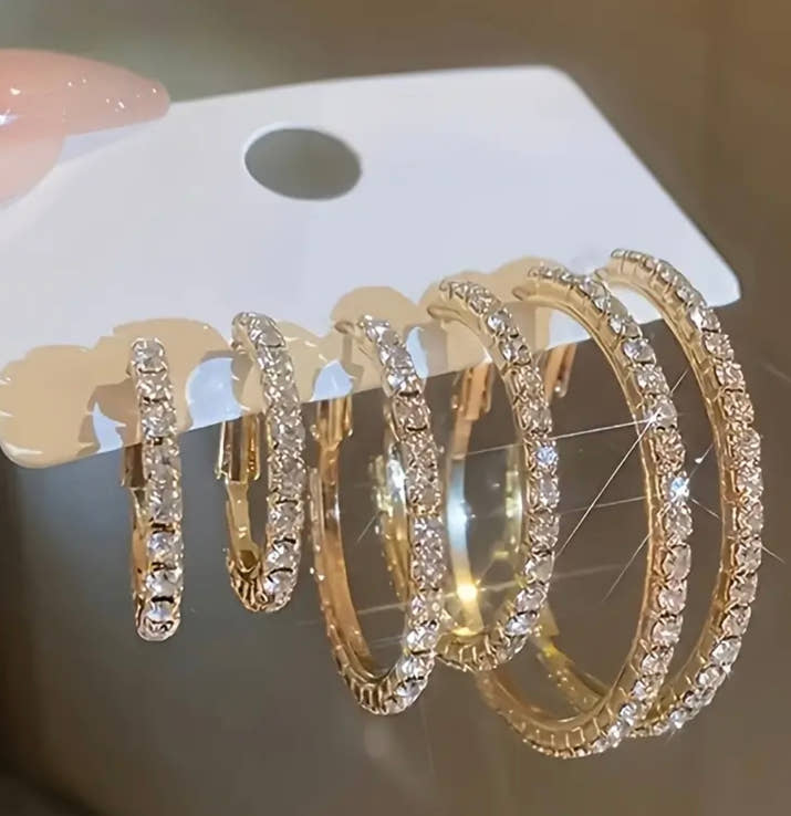 6pcs Elegant Rhinestone Hoop Earrings Set - Zinc Alloy & Stainless Steel, Sparkling Crystal Design, Versatile for Daily & Vacation Wear, Everyday Jewelry | Sparkling Earrings | Durable Earrings, Hoop Earrings