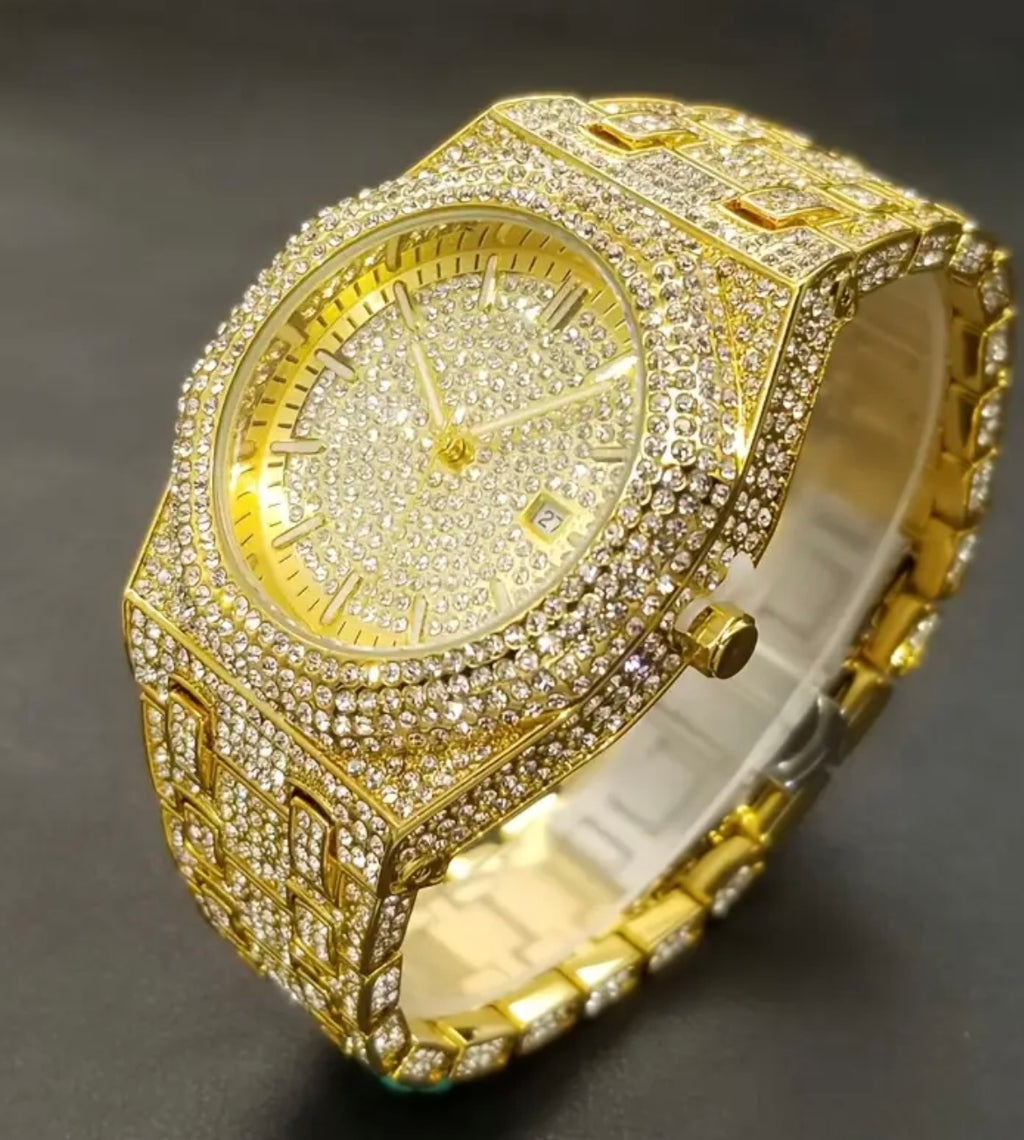 Glam Quartz Watch for Men & Women - Hip Hop Cuban Link Design, Luminous Blue Dial with Rhinestone Accents, Alloy Band, Sparkling Bezel & Face, Perfect for Parties & Special Occasions