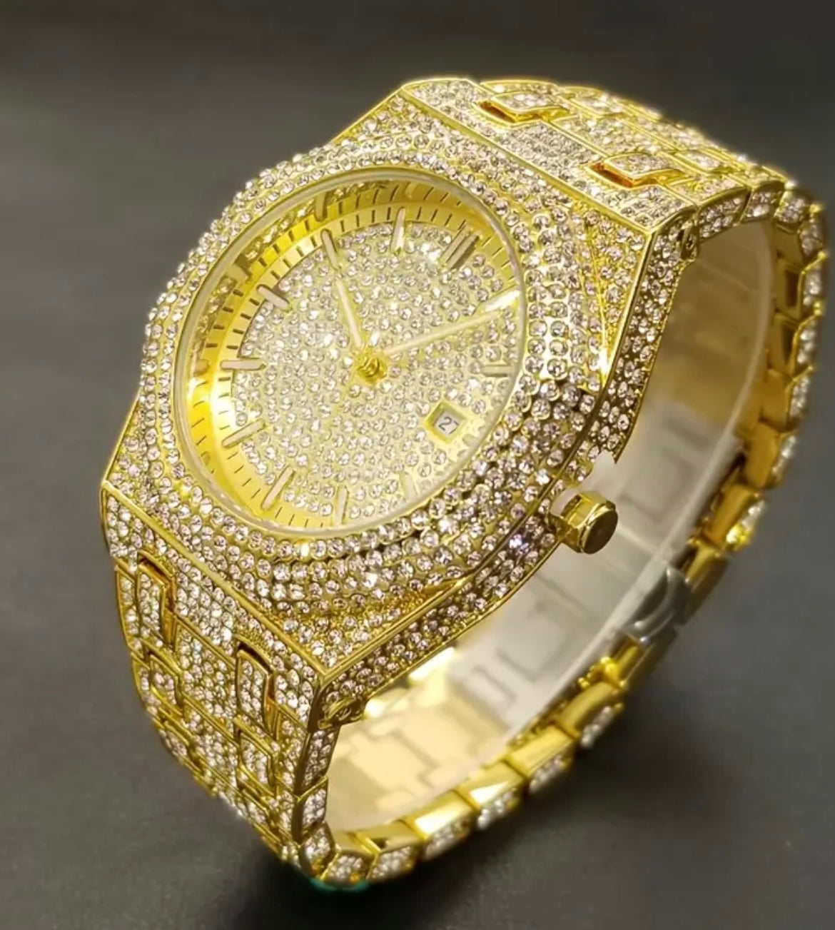 Glam Quartz Watch for Men & Women - Hip Hop Cuban Link Design, Luminous Blue Dial with Rhinestone Accents, Alloy Band, Sparkling Bezel & Face, Perfect for Parties & Special Occasions