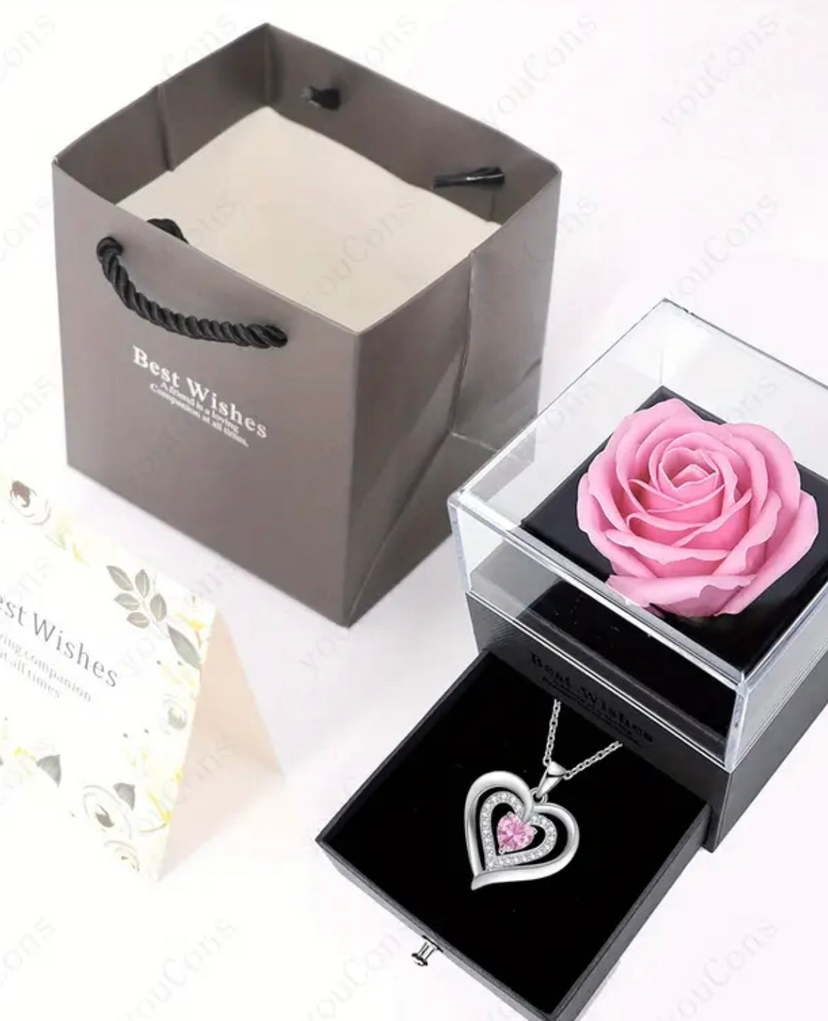 Lucky Stone October Birthstone Heart Pendant Necklace with Eternal Pink Rose Acrylic Gift Box Set, Includes Greeting Card and Gift Bag - Perfect Choice for Weddings, Dates, Mother'S Day, Valentine'S Day, Christmas, Birthdays, and Anniversaries - Ideal for