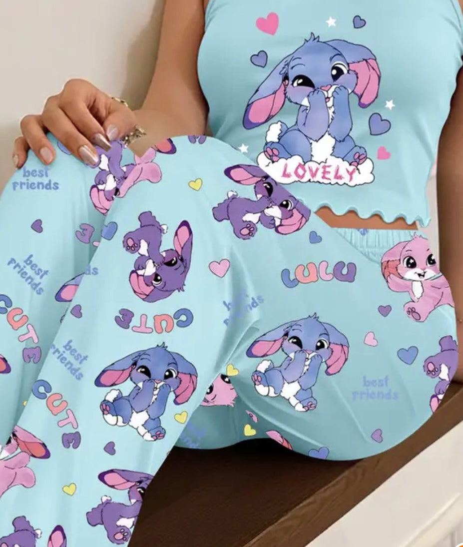 Women'S Cute Rabbit Heart Letter 'LOVELY' Printed Camisole with Long Pants Pajama