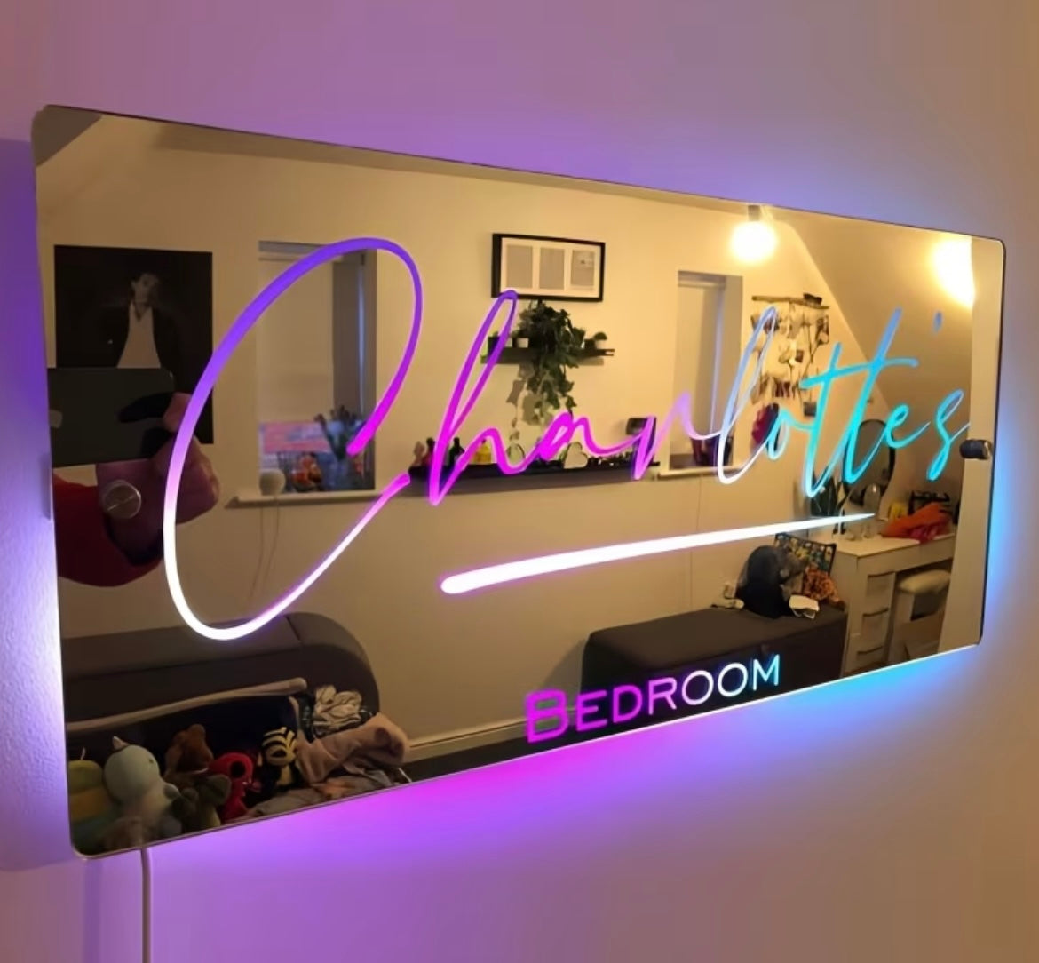Custom LED Neon Light-Up Name Mirror - Personalized Bedroom Wall Decor with USB Power, Multi-Color Lighting, Durable Plastic, Ideal for Valentine'S Day, Birthdays,  - Unique Gift Idea, Bedroom Decor