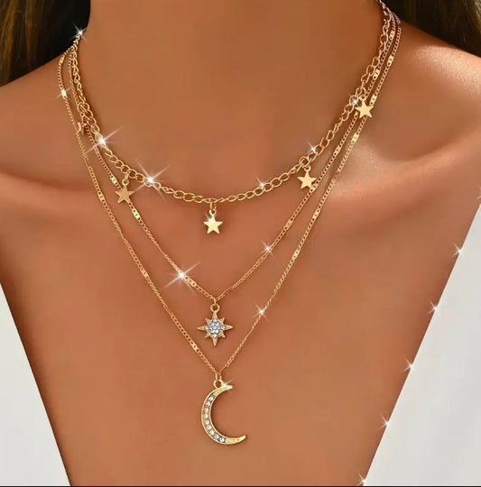 [Golden Bohemian Golden Multi-Layer Women's Necklace | Elegant Bohemian Style with Star and Moon Pendants, Sparkling Rhinestone Embellishments, Perfect for Casual Attire, Charm Necklace