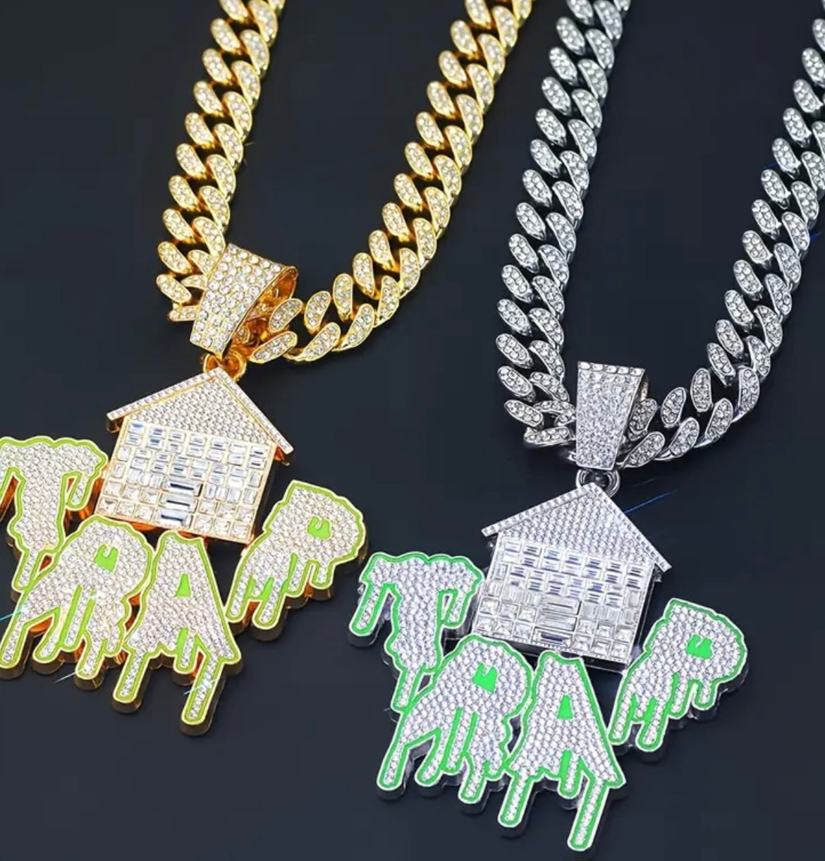 1pc TRAP Pendant Necklace with Ice Cuban Chain - White Golden Plated Hip Hop Jewelry, Green Dripping TRAP Design & House Motif, Unisex Urban Streetwear Gift for Christmas, Parties & Daily Wear