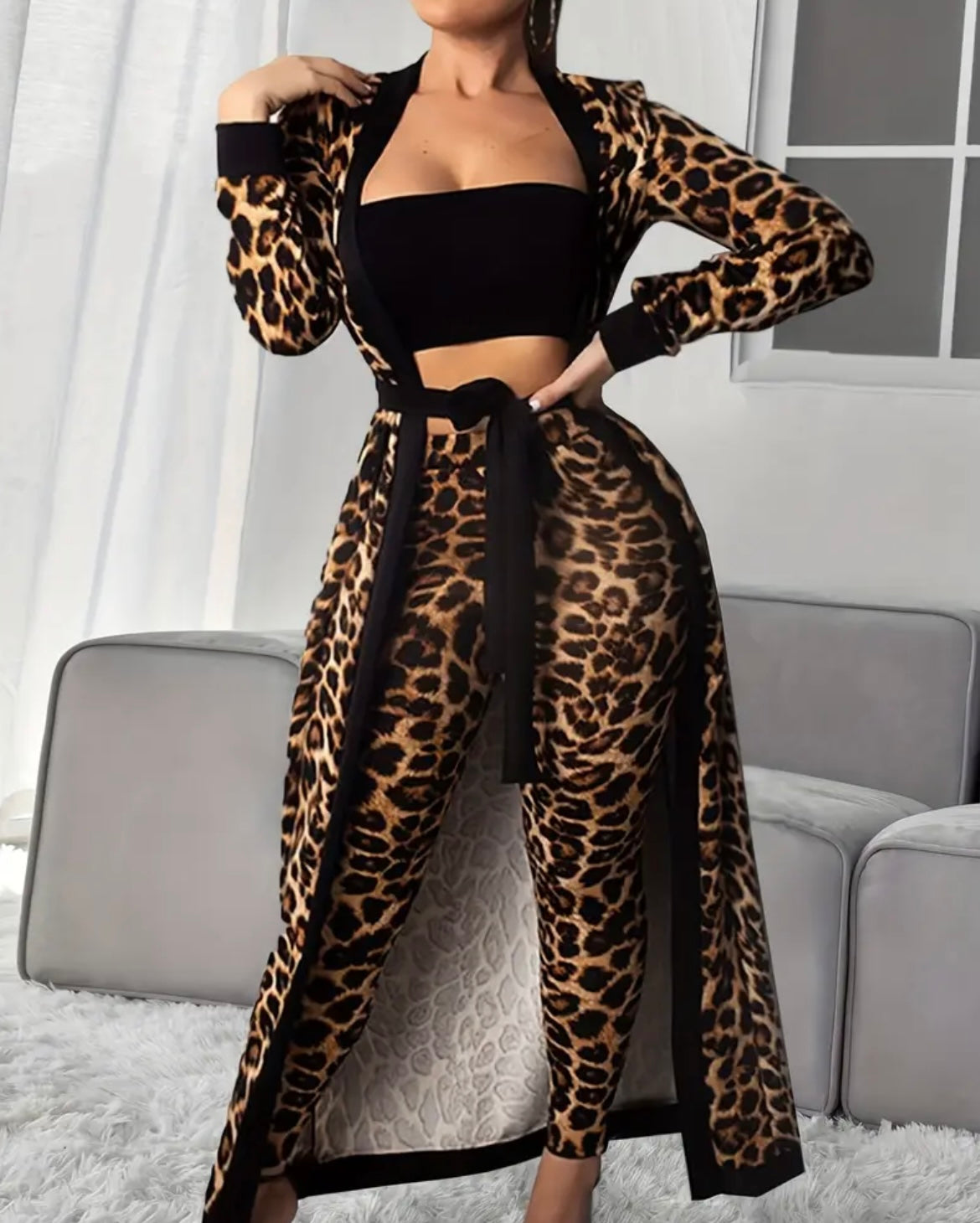 Leopard Print Lounge Set, Long Sleeve Robe With Belt & Strapless Crop Top & Pants, Women's Loungewear & Sleepwear
