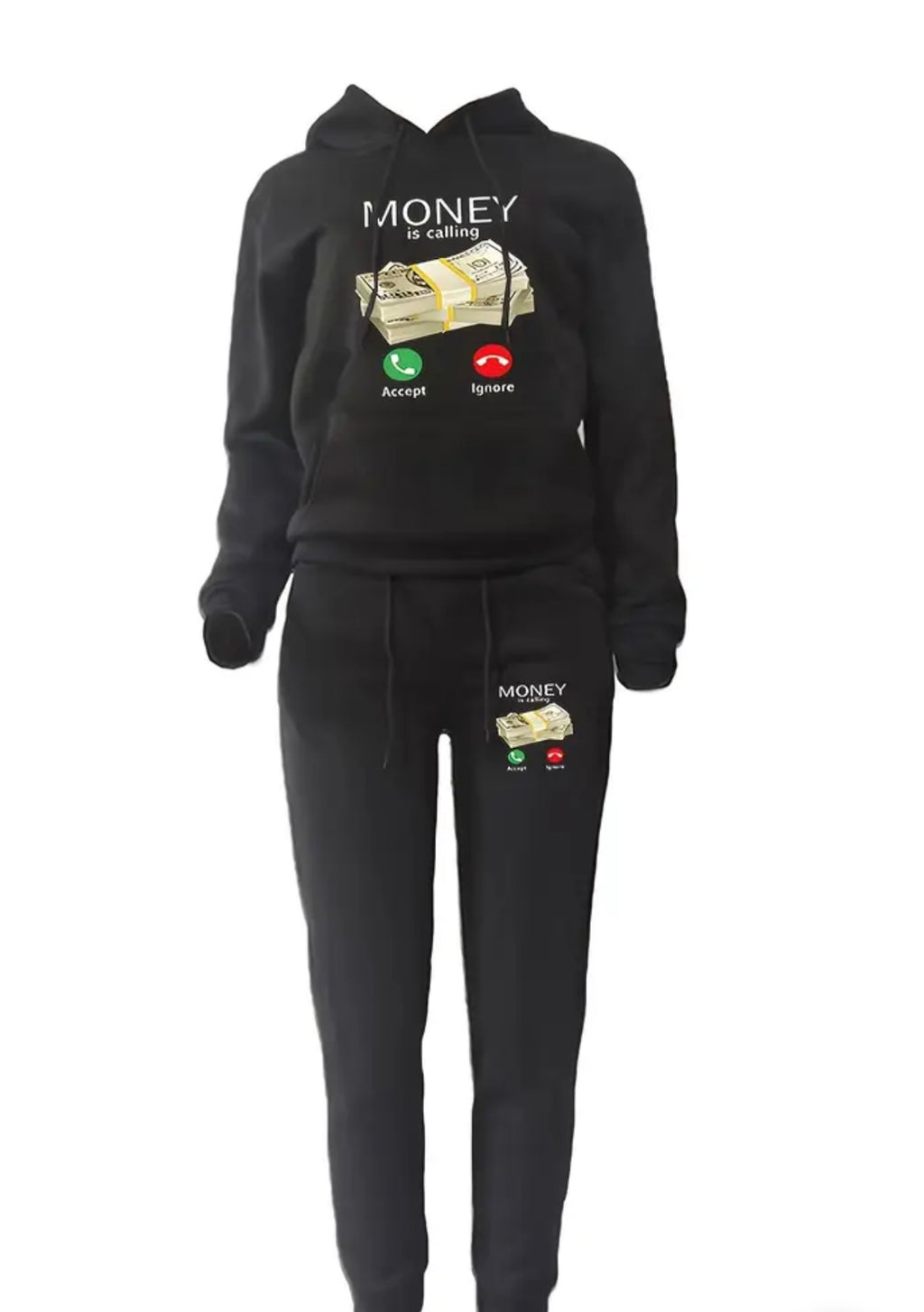 Two-piece Set: Kangaroo Pocket Hoodie & Drawstring Pants, Money Print Women's Outfits
