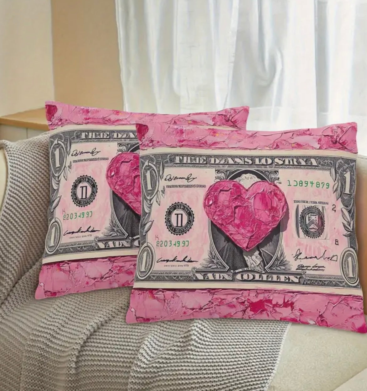 2pcs Pink Dollar Bill Design Pillow Covers - Soft Plush, Zip Closure, Machine Washable, Contemporary Style for Home & Valentine'S Day Theme with Heart Accents, Decorative Pillows