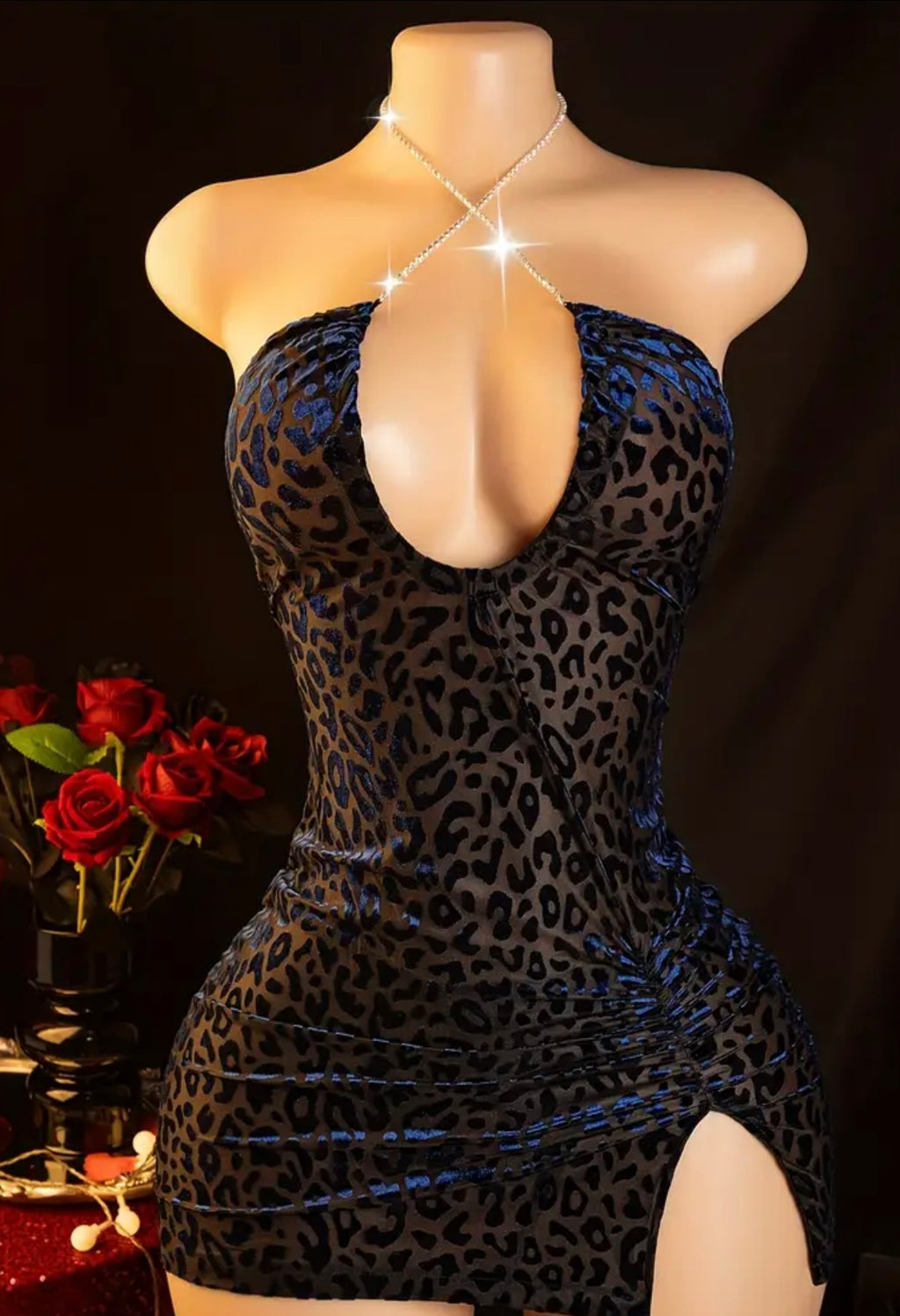 Sexy Blue Leopard Print Dress with Glitter Chain Small Chest Enlarging Nightgown Set Bedtime Date Robe Passionate Secretary Role Play Uniform Hip-Hugging Sleepwear Valentine'S Day New Women'S Underwear and Panties (Includes: Dress