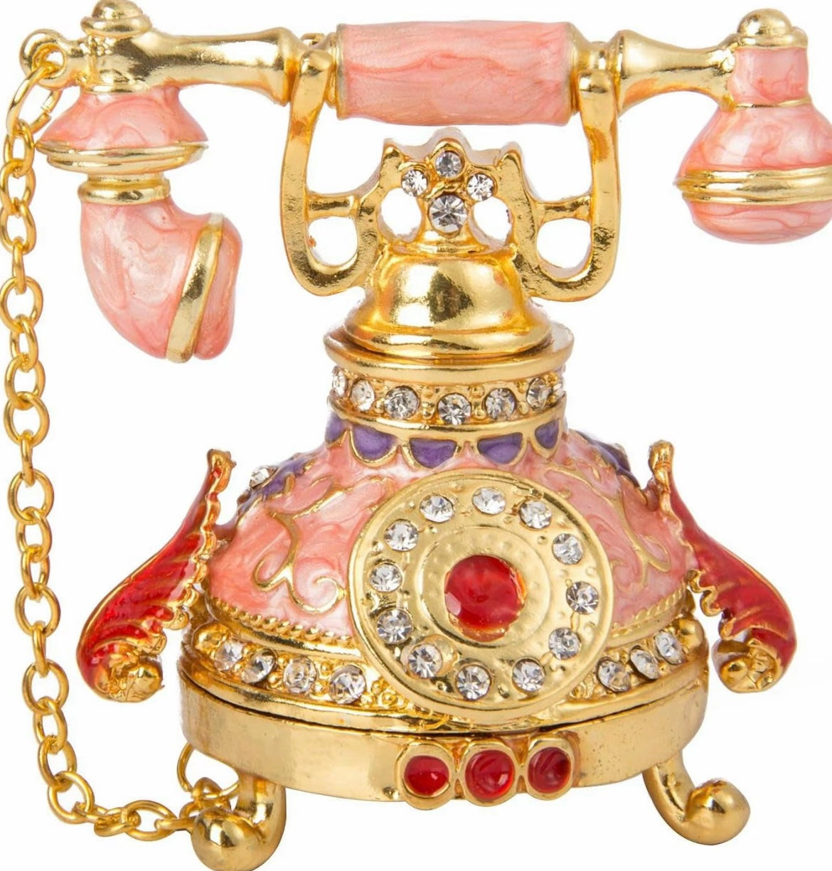 Vintage Small Pink Telephone Shaped Trinket  with Rich Enamel and Sparkling Rhineston