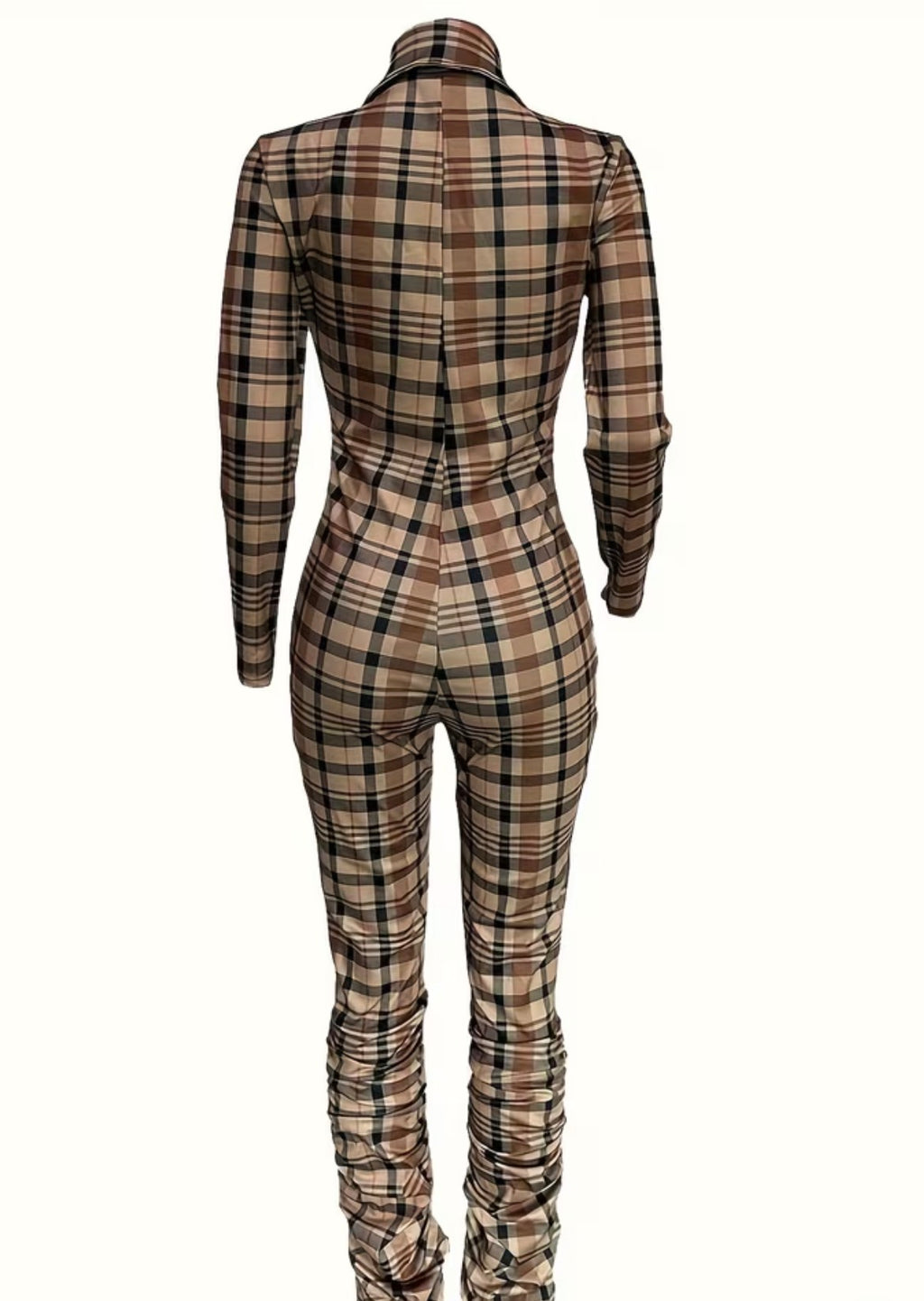 Plaid Pattern Zip Front Jumpsuit, Casual Long Sleeve Jumpsuit For Spring , Women's Casual