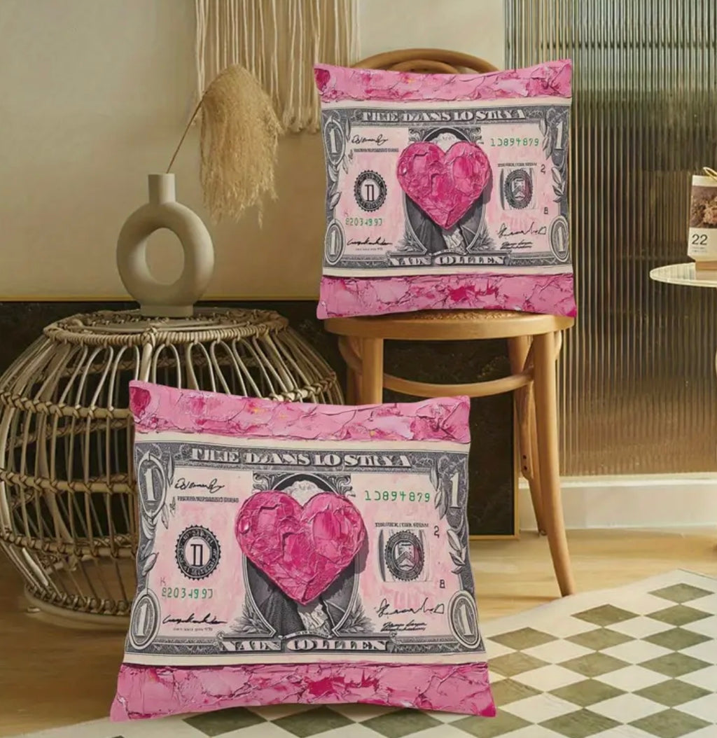 2pcs Pink Dollar Bill Design Pillow Covers - Soft Plush, Zip Closure, Machine Washable, Contemporary Style for Home & Valentine'S Day Theme with Heart Accents, Decorative Pillows