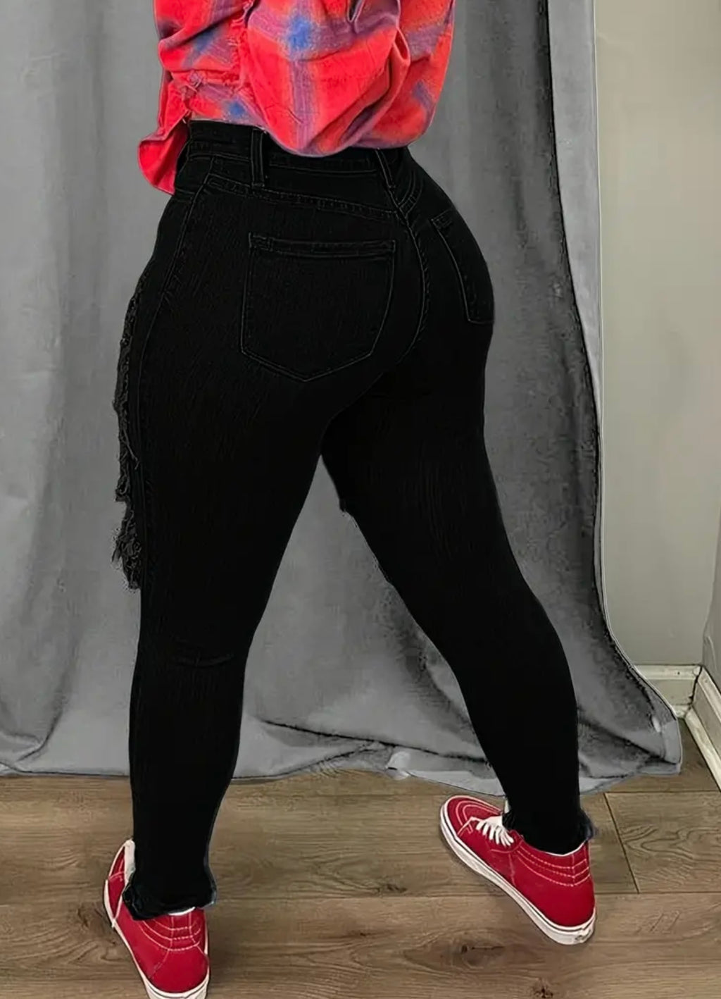 Women's High-Waisted Distressed Denim Jumpsuits - Stretch Skinny Leg Pants with Hip Lift, Frayed Hem & Zipper Closure, All-Season Casual to Formal Outfits (Machine Washable) - Black/Red/Blue/, American Street Style Statement Pants, Pants For Women