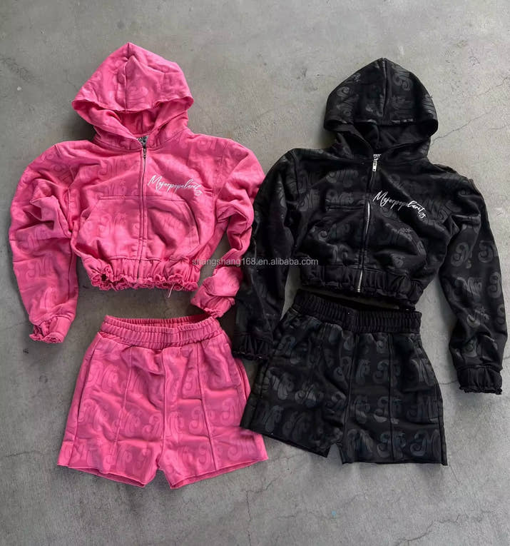 Matching Embroidery Track Jogging Sweat Suit with Acid Wash Crop Tracksuit