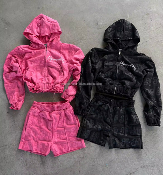 Matching Embroidery Track Jogging Sweat Suit with Acid Wash Crop Tracksuit