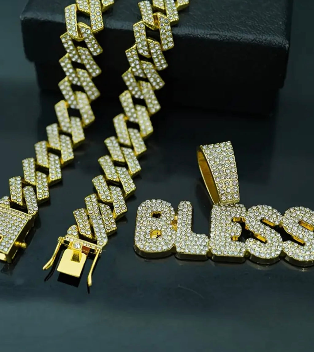 [Luxury BLESS Necklace] Luxury Rhinestone BLESS Jewelry Hip-Hop Letter Necklace | 18-Inch Unisex Cuban Chain Pendant - Holiday Gift, 1pc