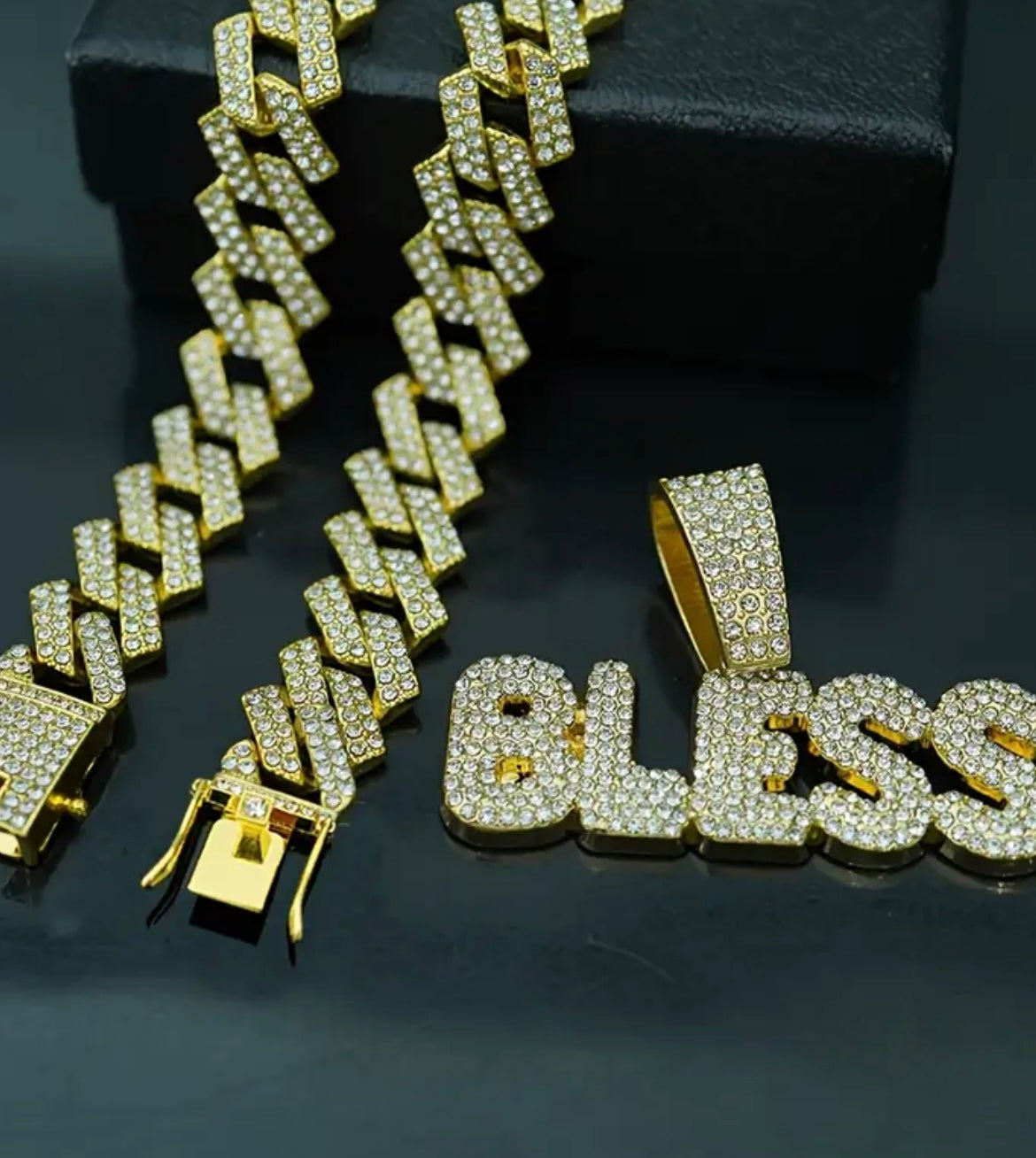 [Luxury BLESS Necklace] Luxury Rhinestone BLESS Jewelry Hip-Hop Letter Necklace | 18-Inch Unisex Cuban Chain Pendant - Holiday Gift, 1pc