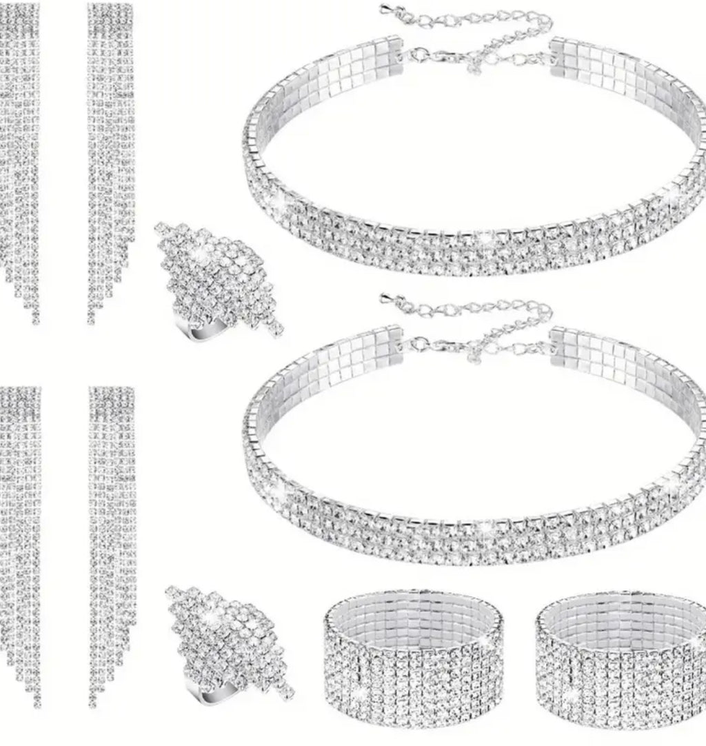 Women Rhinestone Jewelry Set, Rhinestone Choker Stretch Bracelet Bangle Rhinestone, Necklace Ring Dangle Fringe Earrings for Wedding, 8pcs Bridal Birthday Party Accessories