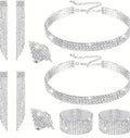 Women Rhinestone Jewelry Set, Rhinestone Choker Stretch Bracelet Bangle Rhinestone, Necklace Ring Dangle Fringe Earrings for Wedding, 8pcs Bridal Birthday Party Accessories