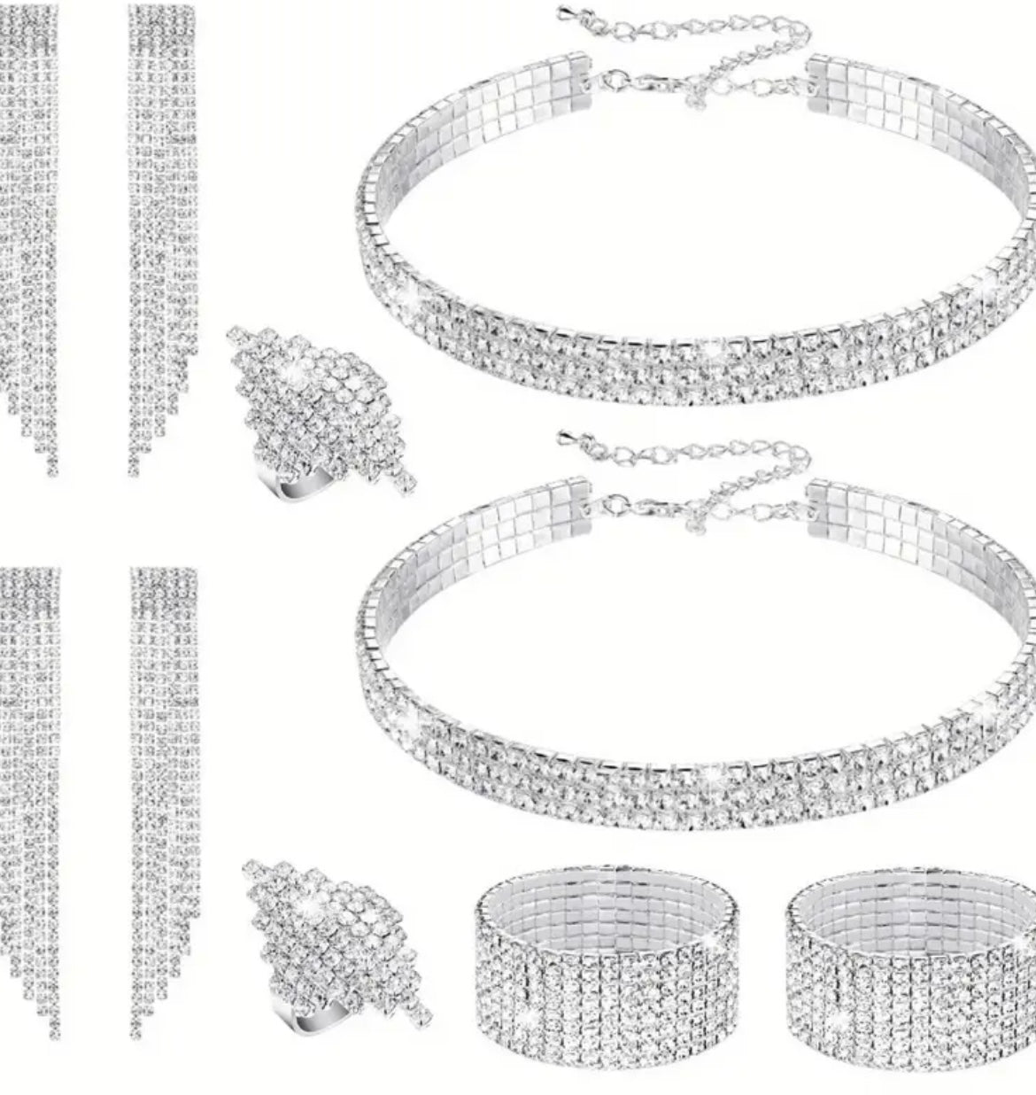 Women Rhinestone Jewelry Set, Rhinestone Choker Stretch Bracelet Bangle Rhinestone, Necklace Ring Dangle Fringe Earrings for Wedding, 8pcs Bridal Birthday Party Accessories