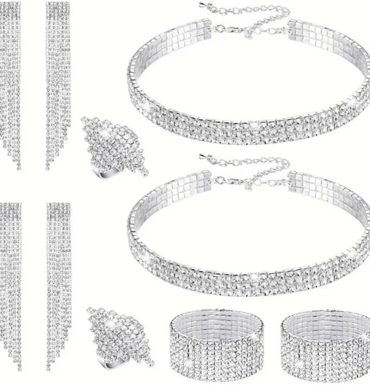 Women Rhinestone Jewelry Set, Rhinestone Choker Stretch Bracelet Bangle Rhinestone, Necklace Ring Dangle Fringe Earrings for Wedding, 8pcs Bridal Birthday Party Accessories