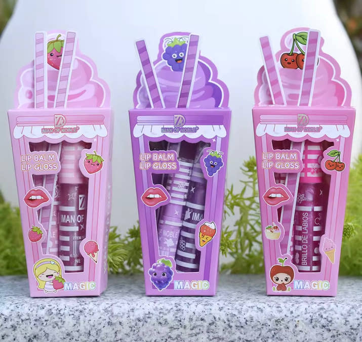 Cute Ice Cream Shiny Lip Gloss Lip Balm Set Girls Woman Waterproof Longlasting Natural Mois