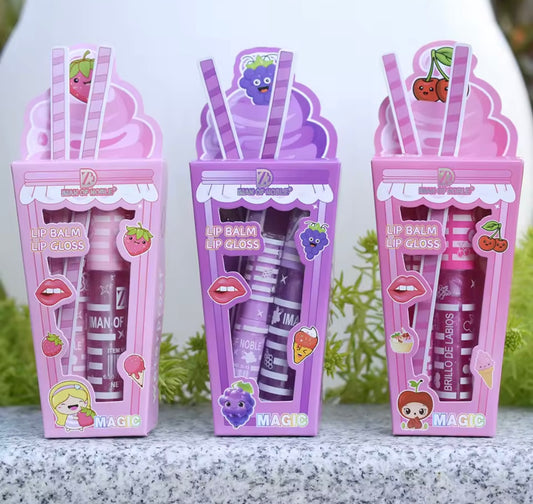 Cute Ice Cream Shiny Lip Gloss Lip Balm Set Girls Woman Waterproof Longlasting Natural Mois