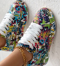 Womens Graffiti Art Sneakers - Stylish Lace-Up Platform Shoes with Comfortable Low Top Design - Perfect for Sports & Casual Wear - Fashionable Skate Style