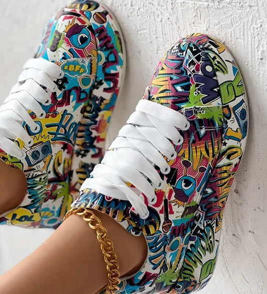 Womens Graffiti Art Sneakers - Stylish Lace-Up Platform Shoes with Comfortable Low Top Design - Perfect for Sports & Casual Wear - Fashionable Skate Style