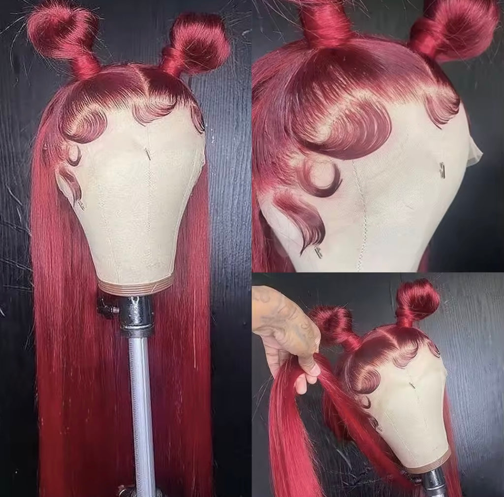 99J Colored Lace Front Human Hair Wigs Straight Burgundy 13x4  Transparent Full Lace Frontal Wig