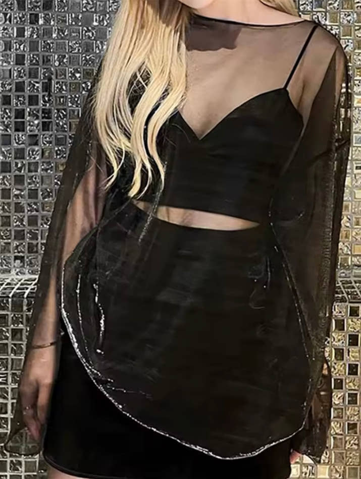 Through T Shirts For Women Y2k Clothes Sexy Crop Tops Long Sleeve Oversized Tshirt O-Neck Club shirt