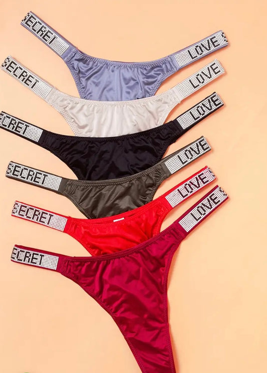6pcs Rhinestone Letter Low Waist Stretchy Women's Sports Panties, Lingerie & Underwear