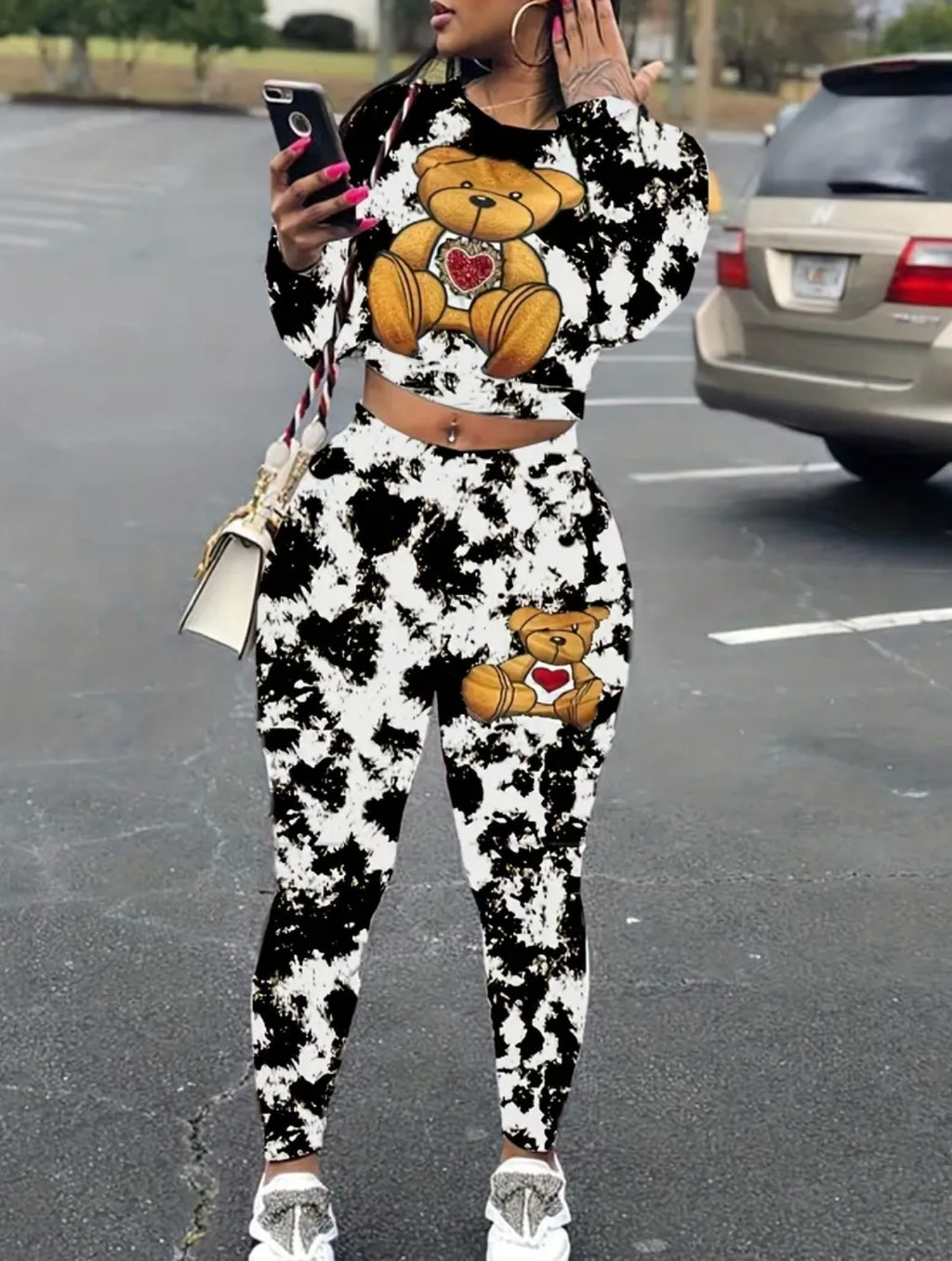 Casual Camo Bear Print Polyester Knit 1set Women'S Long Sleeve Jumpsuit - Round Neck X-Shape Silhouette Spring/Autumn Fashion Outfit